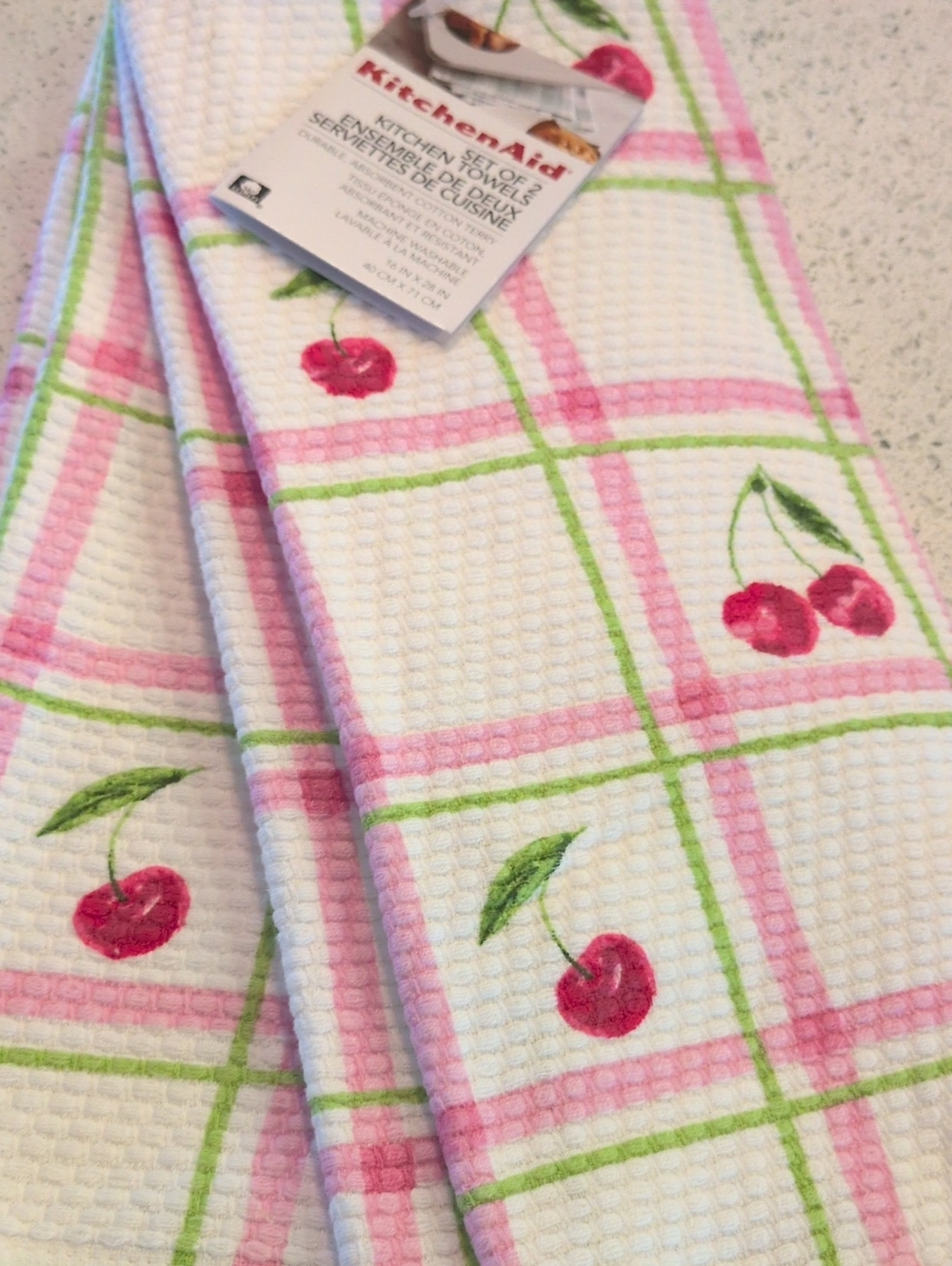 KitchenAid White Waffle Weave Towels with Pink Cherry Plaid 2